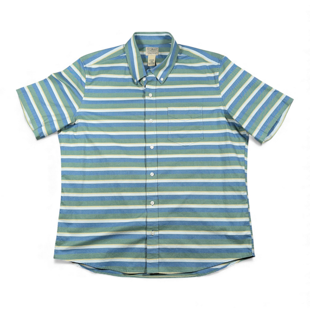 LL Bean Shirt Adult LARGE Blue Green Yellow Striped Fitted Stretch Outdoor